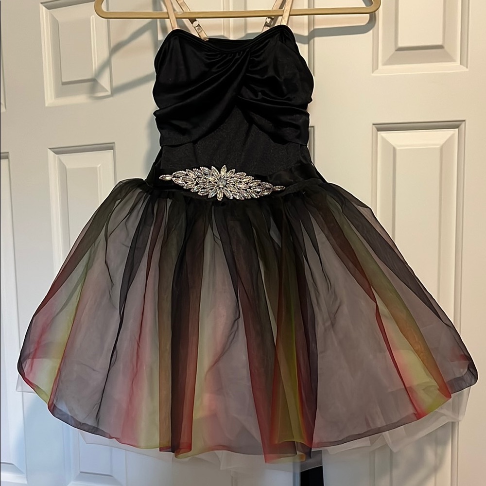 Elegant Black Kids Dance Costume with Multicolor Skirt